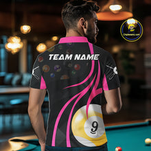 Load image into Gallery viewer, Back view of man wearing a pink 8 ball and 9 ball pool shirt in a billiards hall.