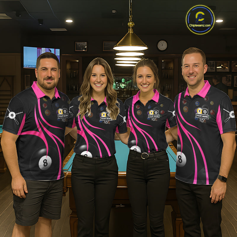 Pool team wearing matching pink 8 ball and 9 ball billiard jerseys during league matches front view.