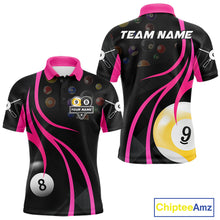 Load image into Gallery viewer, Pink 8 ball and 9 ball billiard polo shirt for men with custom pool team graphics.