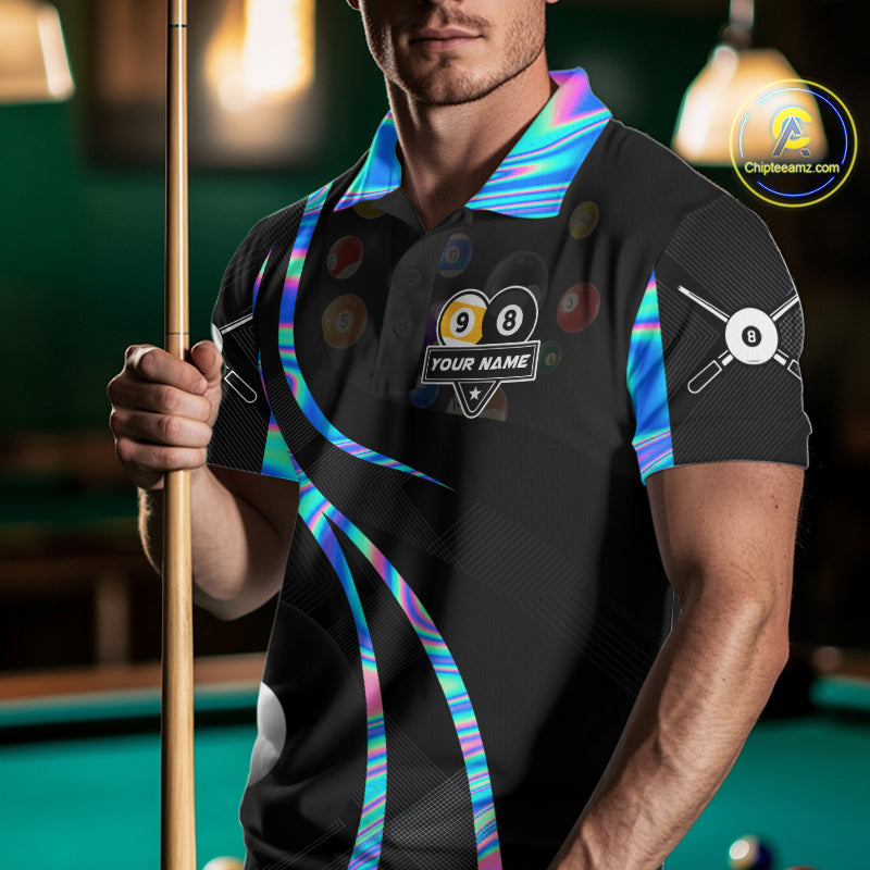Man wearing a holographic 8 ball and 9 ball billiard jersey beside a pool table front view.