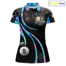 Load image into Gallery viewer, Holographic 8 ball and 9 ball billiard polo shirt for women with custom pool team graphics.