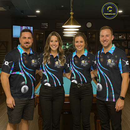Pool team wearing matching holographic 8 ball and 9 ball billiard jerseys during tournament competition front view.