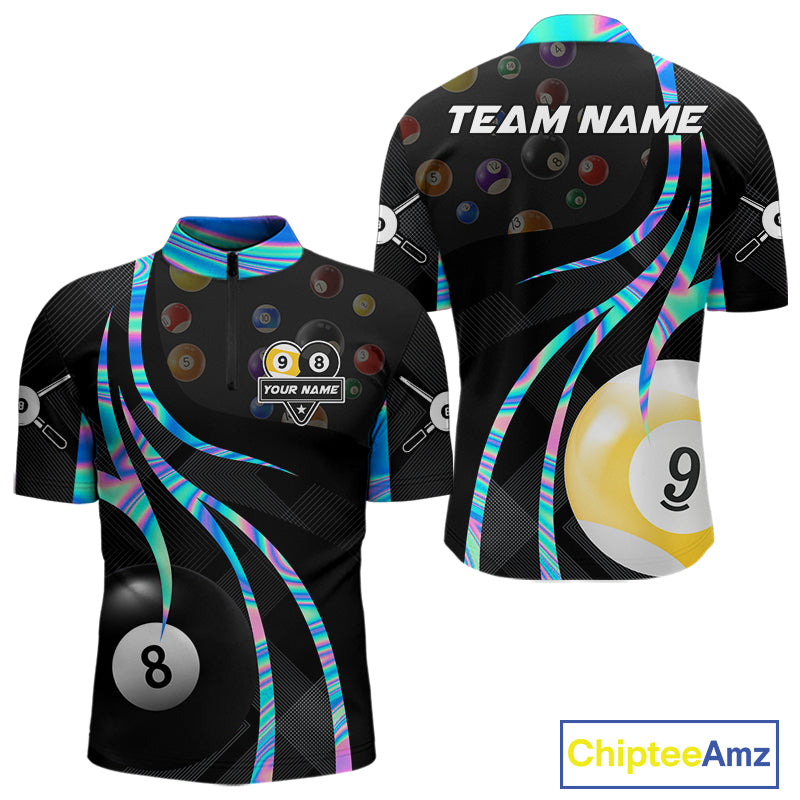 Holographic 8 ball and 9 ball billiard quarter zip shirt for men built for league play and tournaments.