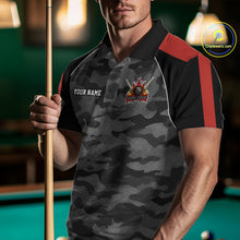 Load image into Gallery viewer, Man wearing a grey camouflage American flag 8 ball billiard jersey beside a pool table front view.