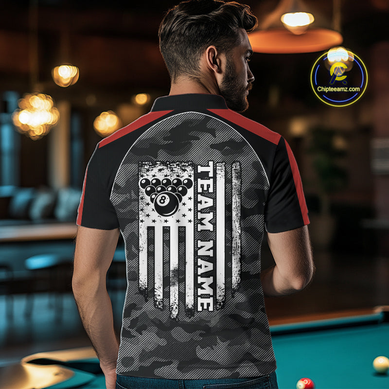 Back view of man wearing a grey camo American flag pool shirt in a billiards hall.