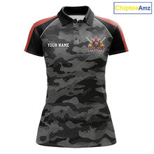Load image into Gallery viewer, Grey camouflage American flag 8 ball billiard polo shirt for women with custom pool team graphics.