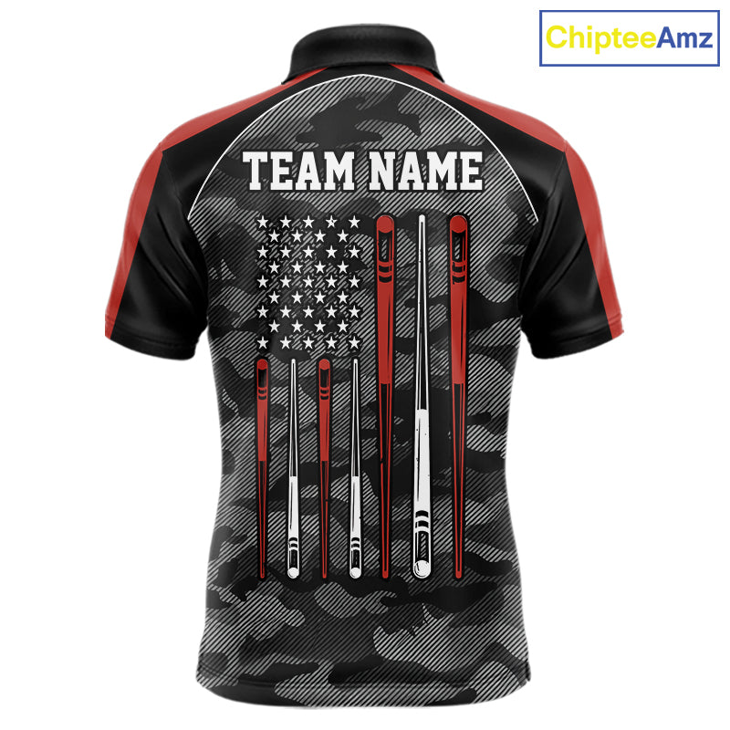 Red camouflage American flag 8 ball billiard polo shirt for men with custom pool team graphics.