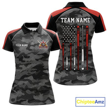 Load image into Gallery viewer, Red camouflage American flag 8 ball billiard polo shirt for women with custom pool team graphics.