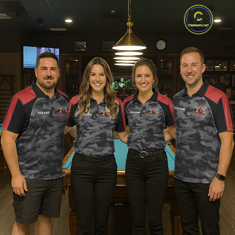 Pool team wearing matching red camouflage American flag 8 ball billiard jerseys during tournament play front view.