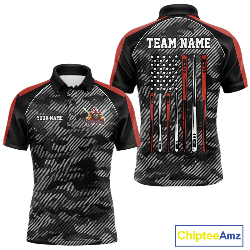 Red camouflage American flag 8 ball billiard polo shirt for men with custom pool team graphics.