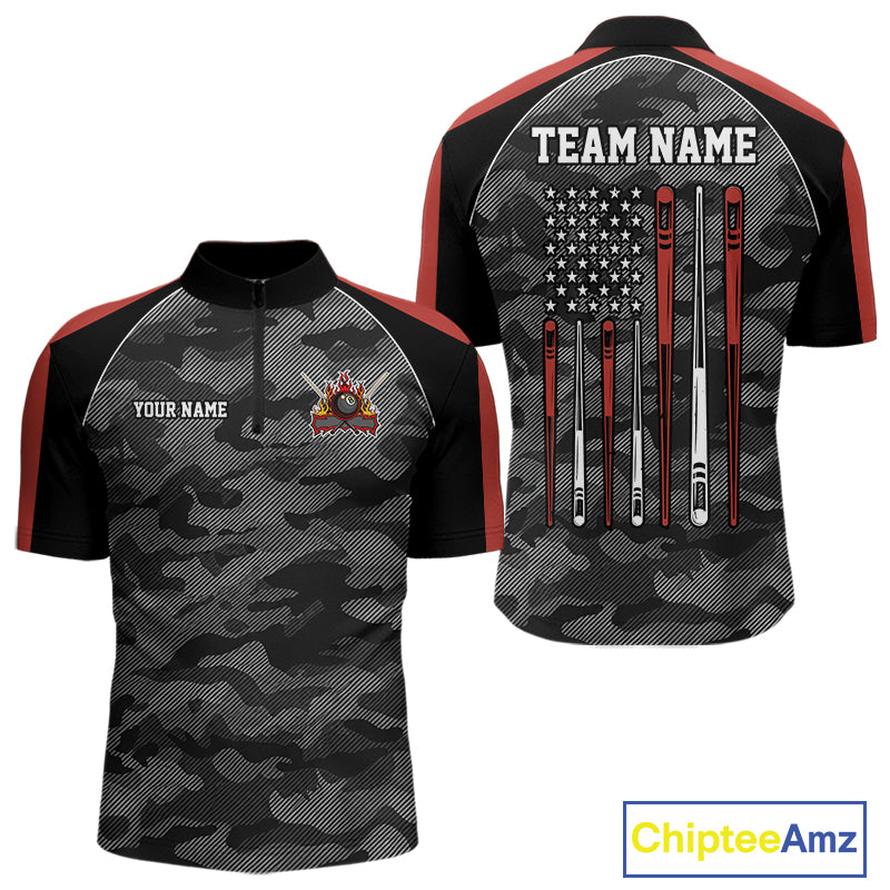 Red camouflage American flag 8 ball billiard quarter zip shirt for men built for tournaments and league competition.
