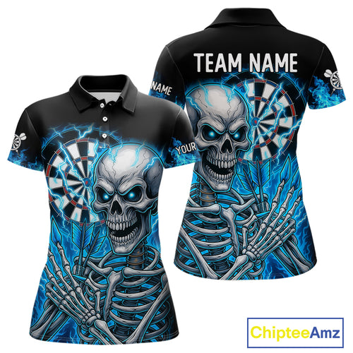 Blue Flaming Lightning Skeleton Darts Shirt For Women Custom Darts Jersey Team Polo & Quarter Zip TDM4344