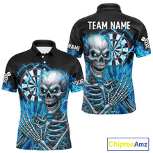 Load image into Gallery viewer, Blue Flaming Lightning Skeleton Darts Shirt For Men Custom Darts Jersey Team Polo &amp; Quarter Zip TDM4344