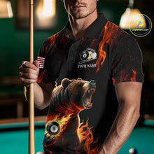 Load image into Gallery viewer, Man wearing custom funny bear 8 ball and 9 ball pool fire flame billiard team jersey polo shirt featuring the colorful bear artwork, front view.