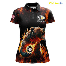 Load image into Gallery viewer, Custom funny bear 8 ball and 9 ball pool fire flame billiard team jersey polo shirt for women featuring a colorful flaming bear design, premium custom pool league apparel for tournaments.