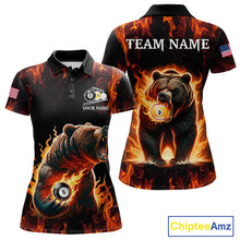 Load image into Gallery viewer, Custom funny bear 8 ball and 9 ball pool fire flame billiard team jersey polo shirt for women featuring a colorful flaming bear design, premium custom pool league apparel for tournaments.