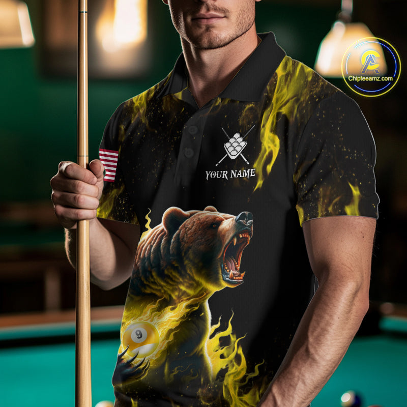 Man wearing custom yellow flaming 9 ball pool bear billiard team jersey polo shirt featuring the fiery bear artwork, front view.