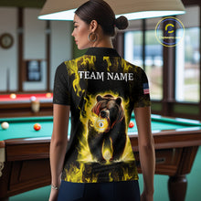 Load image into Gallery viewer, Billiard team wearing matching custom yellow flaming 9 ball pool bear team jerseys featuring the bold fire bear design, front view.