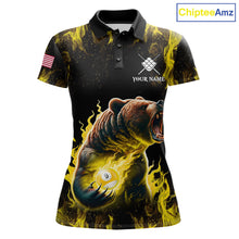 Load image into Gallery viewer, Custom yellow flaming 9 ball pool bear billiard team jersey polo shirt for women featuring a fierce bear with blazing flame artwork, premium pool league apparel for tournaments and competitive play.