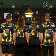 Load image into Gallery viewer, Billiard team wearing matching custom yellow flaming 9 ball pool bear team jerseys featuring the bold fire bear design, back view.