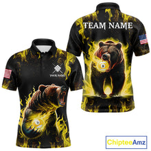 Load image into Gallery viewer, Custom yellow flaming 9 ball pool bear billiard team jersey polo shirt for men featuring a fierce bear with blazing flame artwork, premium pool league apparel for tournaments and competitive play.