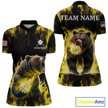 Load image into Gallery viewer, Custom yellow flaming 9 ball pool bear billiard team jersey quarter zip shirt for women featuring an aggressive flaming bear design for pool league competition.