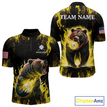 Load image into Gallery viewer, Custom yellow flaming 9 ball pool bear billiard team jersey quarter zip shirt for men featuring an aggressive flaming bear design for pool league competition.