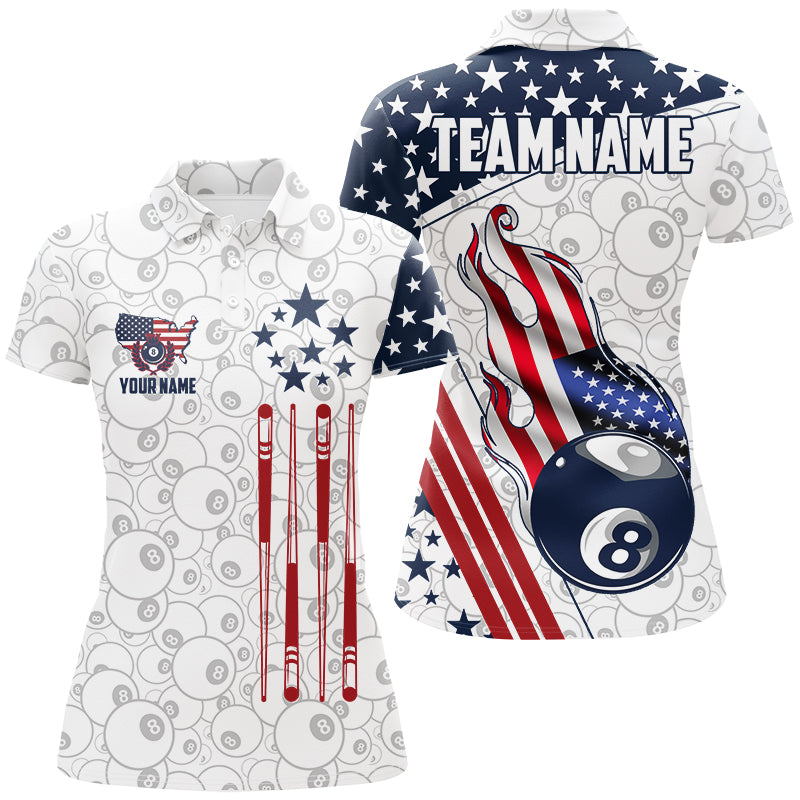 Personalized American Flag Ball 8 Pattern Women Billiard Shirts, Patriotic Billiard Jerseys | White TDM2716