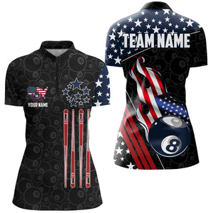 Personalized American Flag Ball 8 Pattern Women Billiard Shirts, Patriotic Billiard Jerseys | Black TDM2717