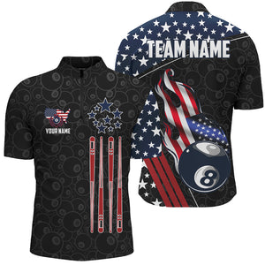 Personalized American Flag Ball 8 Pattern Men Billiard Shirts, Patriotic Billiard Jerseys | Black TDM2717