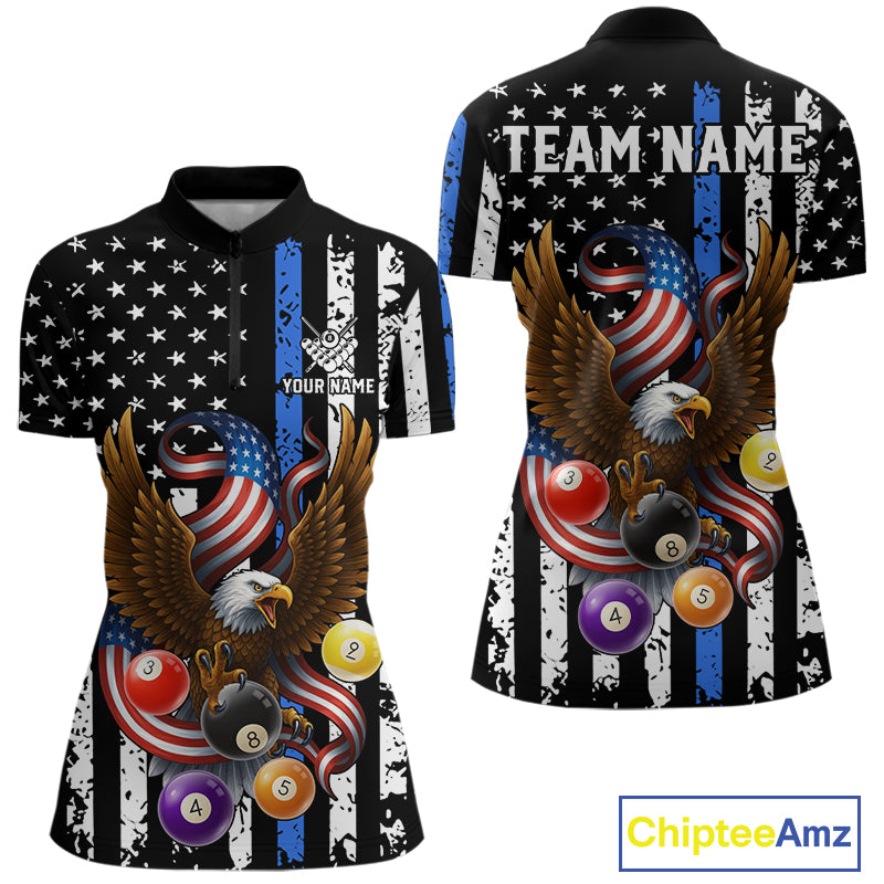 Billiard Eagle American Flag Stripes Pool Jersey For Women Custom Patriotic Billiard Team Shirt|Blue TDM4982