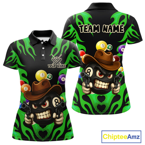 Personalized Green Funny Flame 8 Ball Billiard Shirt For Women Custom Pool Team Jersey Polo, 1/4 Zip TDM4985