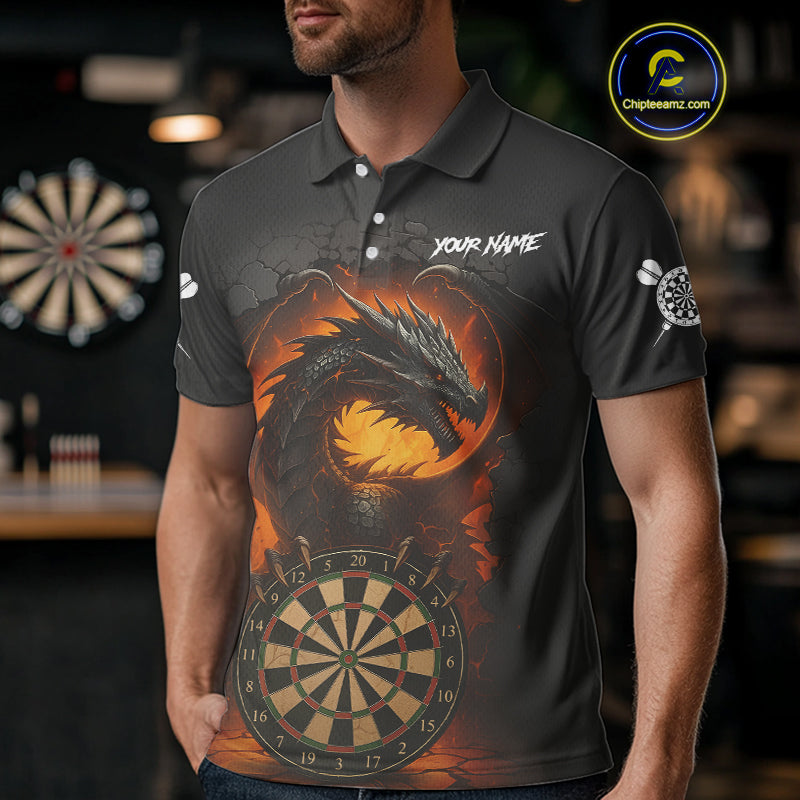 Personalized Black Grey Dragon Darts Shirt For Men Custom Fire Dart Jersey Team Polo & 1/4 Zip TDM5179