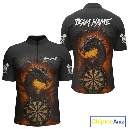 Personalized Black Grey Dragon Darts Shirt For Men Custom Fire Dart Jersey Team Polo & 1/4 Zip TDM5179