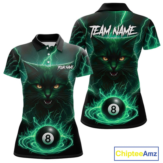 Turquoise 8 Ball Lightning Cat Billiard Shirt For Women Custom Pool Team Jersey Polo & 1/4 Zip TDM5697