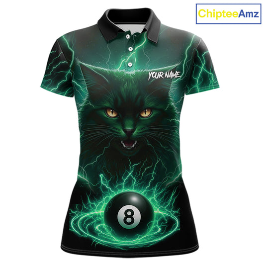 Turquoise 8 Ball Lightning Cat Billiard Shirt For Women Custom Pool Team Jersey Polo & 1/4 Zip TDM5697