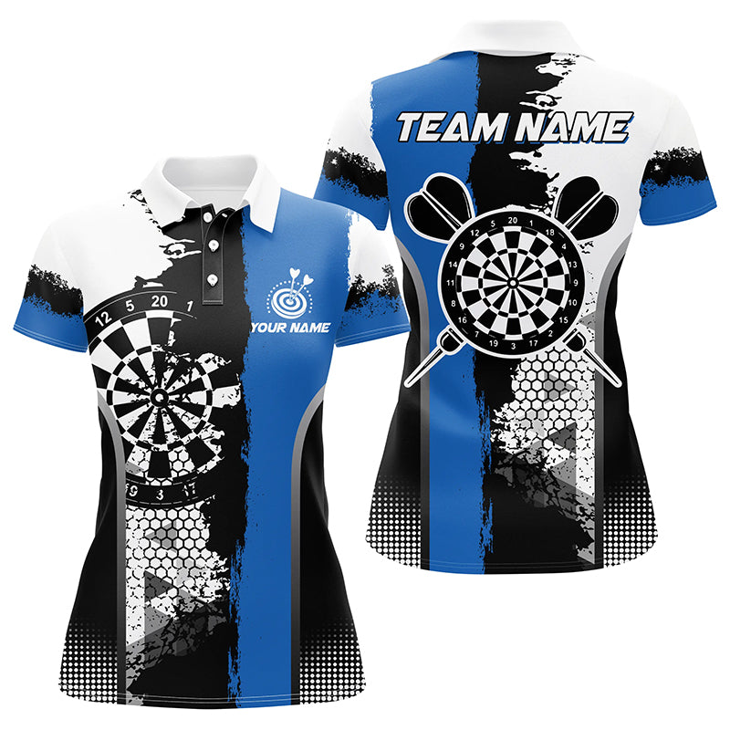 Personalized Black Blue Grunge Style Darts Polo Shirts For Women Custom Name Darts Team Jerseys TDM1216