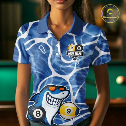 Blue Funny Shark 8 Ball & 9 Ball Billiard Shirt For Women Custom Pool Team Jersey Polo & 1/4 Zip TDM6056