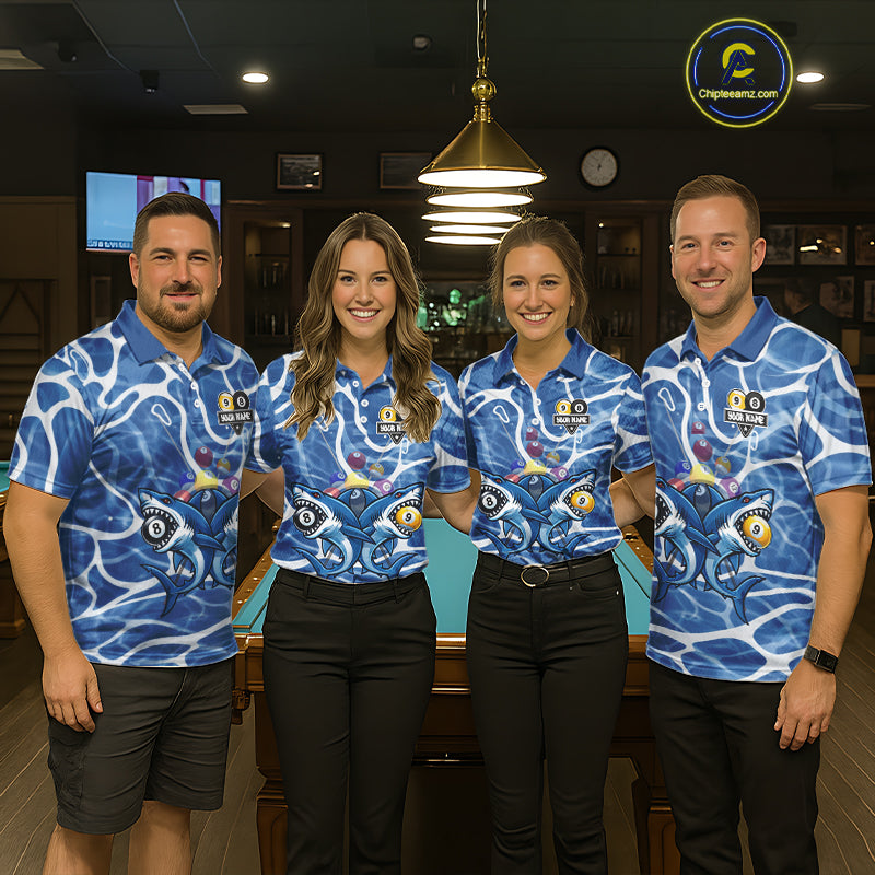 Blue Funny Shark 9 Ball & 8 Ball Billiard Shirt For Men Custom Pool Team Jersey Polo & 1/4 Zip TDM6057