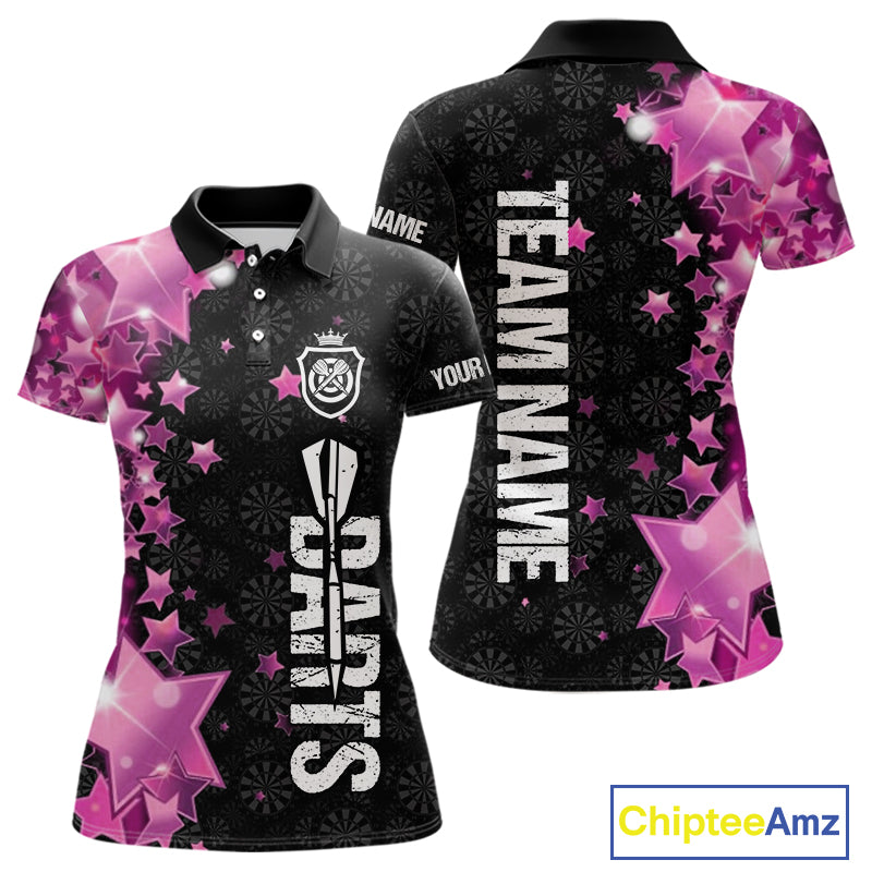 Pink And Black Custom Star Dart Shirts For Women, Glowing Dart Jerseys Funny Darts Team Shirts TDM3884