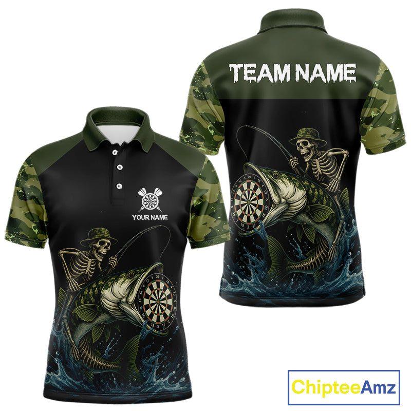 Funny Green Camo Skeleton Fishing Dart Shirt For Men With Pocket Option TDM3969
