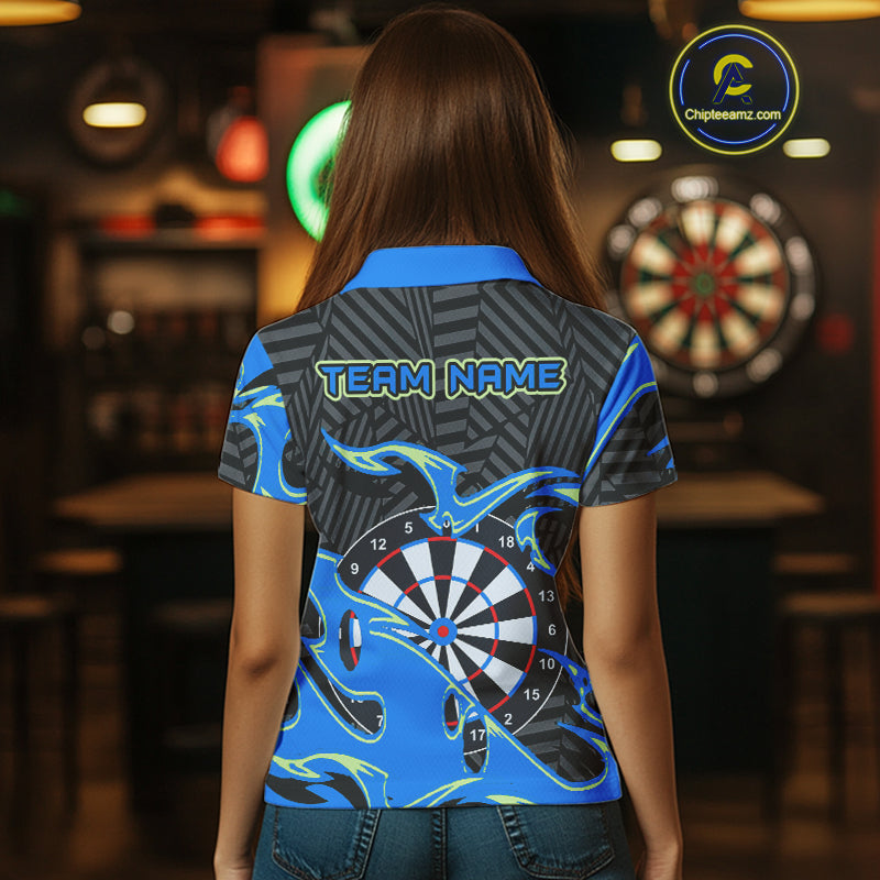Custom Black And Blue Tribal Flame Dart Shirts For Women, Darts Team Jerseys Polo & Quarter Zip TDM3970
