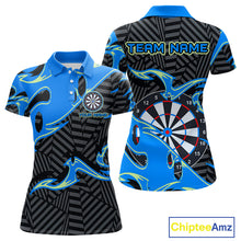 Load image into Gallery viewer, Custom Black And Blue Tribal Flame Dart Shirts For Women, Darts Team Jerseys Polo &amp; Quarter Zip TDM3970