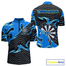 Load image into Gallery viewer, Custom Black And Blue Tribal Flame Dart Shirts For Men, Darts Team Jerseys Polo &amp; Quarter Zip TDM3970