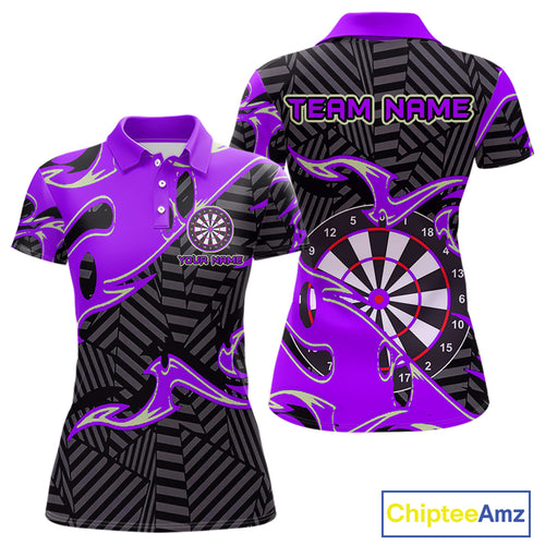 Custom Black And Purple Tribal Flame Dart Shirts For Women, Darts Team Jerseys Polo & Quarter Zip TDM3971