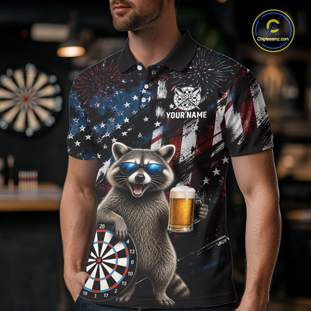 Funny Raccoon Grunge American Flag Darts Shirt For Men Custom Darts Jersey Team Polo & 1/4 Zip TDM6483