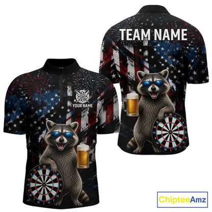 Funny Raccoon Grunge American Flag Darts Shirt For Men Custom Darts Jersey Team Polo & 1/4 Zip TDM6483