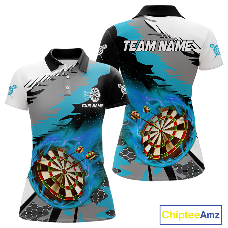 Blue Dartboard Fire Flame Paint Splash Dart Shirt Polo & 1/4 Zip For Women Custom Dart Team Jersey TDM4174