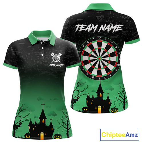 Custom Black And Green Halloween Darts Shirt For Women, Darts Jerseys Outfit Team Polo & 1/4 Zip TDM4566