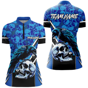 Blue Skull Pattern Custom Billiard Shirts For Women, Scary Billiard Shirts Pool Team Jerseys TDM2725